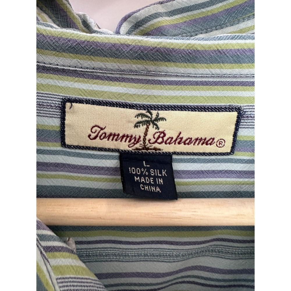 Tommy Bahama 100% Silk LS Striped Button Down Shirt Blue Mens Large Coastal Camp - Picture 11 of 13